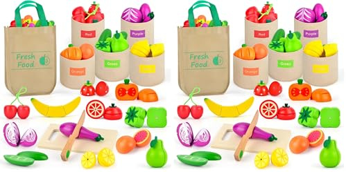 LilKisThk Spielküche Zubehör, Kaufladen Zubehör Holz, Kinderküche Zubehör Holzspielzeug, Kaufmannsladen Zubehör Schneiden Obst Gemüse Lebensmittel Kinderküche, Spielzeug ab 3 Jahre (Packung mit 2)
