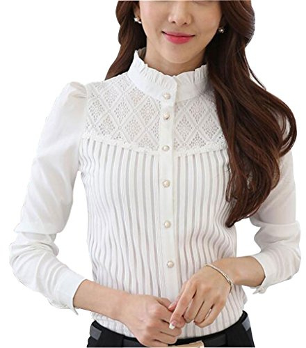 Womens Chiffon Vintage Stand Collar Button Down Shirt Long Sleeve Lace Blouse with Stretch White UK 18