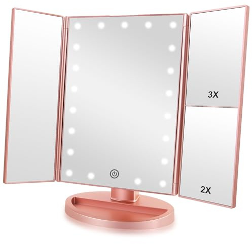 Infitrans Spiegel mit Licht, Tischspiegel mit Touchscreen, Tri-Fold, Vergrößerung 1 x / 2 x / 3 x und Ladegerät USB oder kabellos, LED-Licht einstellbar um 180 ° für die Reisetisch (Rotgold)