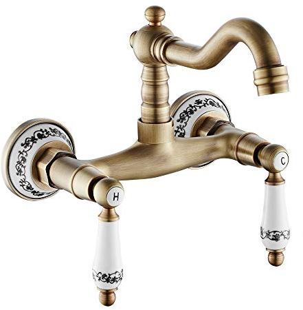 Wandarmatur Bronze aus Messing mit Doppelgriffen aus Keramik 360° drehbar, Wasserhahn für Küche im Vintage-Stil, Halterung warm und kalt
