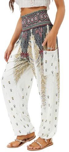 QIANXIZHAN Women's Harem Pants, High Waist Yoga Boho Trousers with Pockets White S