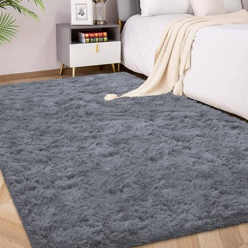 FVVRAX 120x180cm Grey Shaggy Rug – Soft Fluffy Area Rug for Living Room & Bedroom, Non-Slip Plush Carpet for Kids, Nursery, Dorm, Machine Washable Large Floor Mat