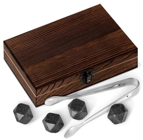 Maverton Whisky Steine Set in Holzbox - 6 Eiswürfel + Zange + Velourbeutel - Kühlsteine - wiederverwendbar aus Granit - für Frauen Männer