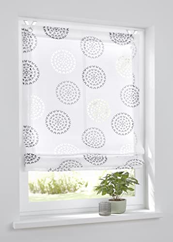 Kutti Raffrollo Ösenrollo Bella Ausbrenner Weiss anthrazit Bedruckt Kreis Motiv, incl. Fensterhaken (80 x 140 cm)