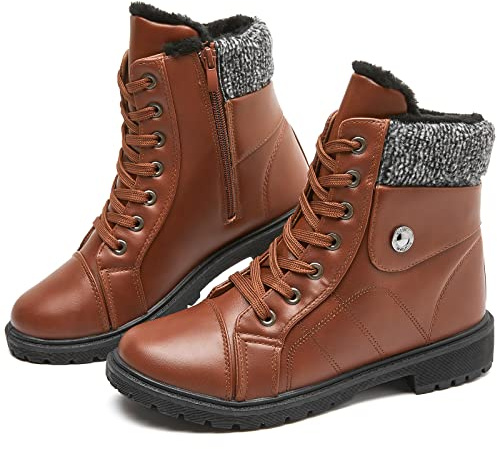 FRACORA Women's Brown Combat Boots, US9, Waterproof, Winter, Anti-slip, Warm Fur Lined, Side Zipper & Lace-up, Ankle-High, Solid, Casual, Snow