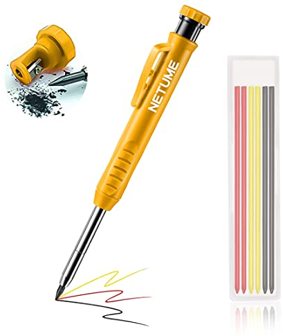 Tieflochmarker Bleistift Baustelle mit 7 Tieflochmarker Minen und Anspitzer,Langnasiger Zimmermannsbleistift/Bohrlochmarker/marker Bleistift fur maurer,handwerker,Holz, Metall, Betonfliesen