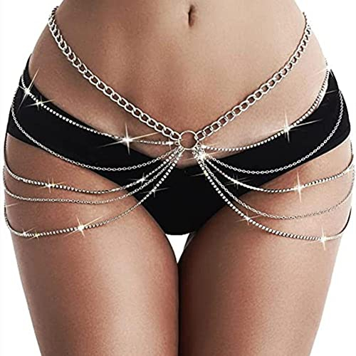 Carufin Party Kristallkette Taille Mehrschichtige Quaste Oberschenkel Körperketten Sexy Bikini Kette Schmuck Einstellbare Accessoires für Frauen Mädchen (Silber)