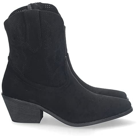 71518 Botin de Tacon Campero para Mujer, Comodo, con Perforado Mil Puntos en Cana, Bordado, y Cierre de Cremallera, Primavera Verano 2023 Negro Talla 39