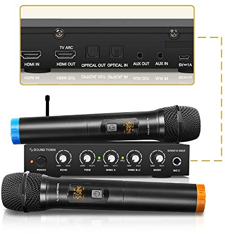 Sound Town Kabelloses Mikrofon Karaoke Mischsystem mit HDMI ARC, Optisch (Toslink), AUX, Unterstützt Smart TV, Media Box, PC, Bluetooth, Soundbar, Receiver (SWM16-MAX)
