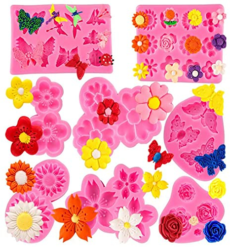 Koonafy 8 Stück Silikonformen Blumen Silikonform für Fondant Backen 3D Blumen Rose Schmetterling Silikon Backform Set für Kuchen Fondant Dekorieren Kuchendekoration DIY handgefertigt Tools