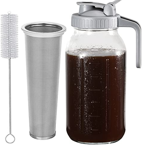 Glyntrof Cold Brew Coffee Maker Pitcher, 64 Oz Heavy Duty Wide Mouth Glass Mason Jar pour spout Lid with Stainless Steel Filter for Iced Coffee, Ice Lemonade, Fruit Drinks, Sun Tea