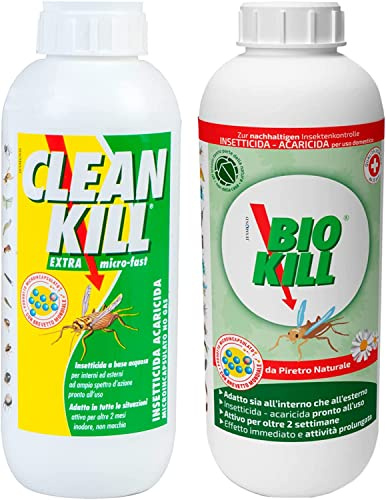 Kit Biokill Insetticida Biologico di Piretro Naturale 1x Flacone Ricarica da 1 litro + Clean Kill Insetticida Ecologico Extra Micro Fast 1x Flacone Ricarica da 1 litro