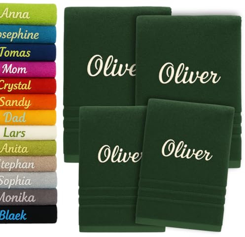 4er Pack Personalisiertes Handtuch und Badetuch mit Namen Schön gestickter Name Handbadetuch 100 % Baumwollhandtuch 2x (50 x 100 cm) + 2x (140 x 70 cm) Personalized Custom Towel with Name (Grün)