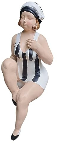 Aspinaworld Gartenfigur Badenixe 29 cm schwarz-weiß vertikal gestreift als Kantensitzerin – handbemalte Badefrau stilsicher, Pool Deko Figur Kunstharz