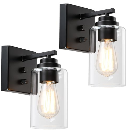 Pia Ricco Set of 2 Black Wall Sconces, Clear Glass Shade with Rotary Switch