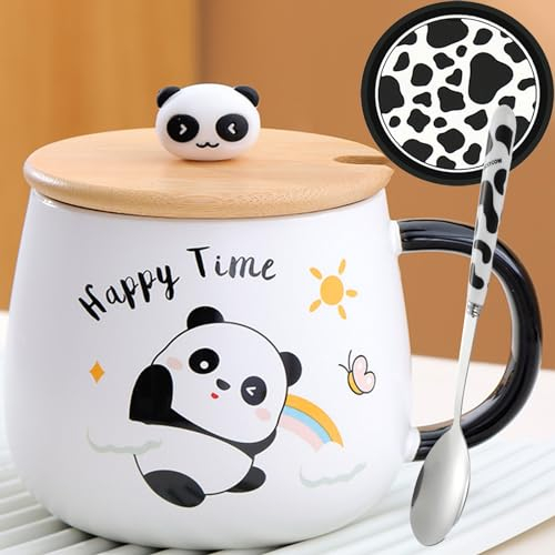 Arawat Panda Tasse mit Deckel Panda Geschenk Süße Kaffeetasse 400 ml Keramik Teetasse mit Löffel & Untersetzer Cute Tee Kaffee Becher Tassen Geburtstagsgeschenk für Frauen Männer Freund Jungen