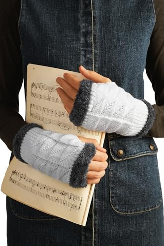 MERSADA Handschuhe ohne Finger Handstulpen Fäustlinge Damen fingerlose Handschuhe mit Pelz (weiß)