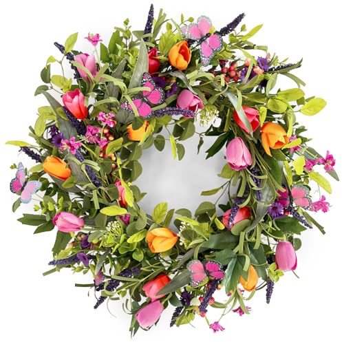 24 Wreaths for Front Door, Wreath with Tulip Wreath, Butterfly, Lavender and Eucalyptus, Vivid Artificial Floral for Wall Window Farmhouse Party Holiday Home Décor