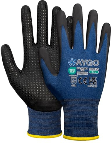 KAYGO Arbeitshandschuhe mit Grip Noppen für Anti-Rutsch Griff, KG19NV | Nitril beschichtet, Leicht Ölbestandig, 3 Paar Nylon Schutzshandschuhe für Auto, Werkstatt, Lager, DIY (Navy Blau, L, Gr 9)