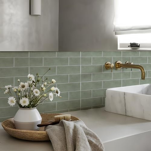 Alwayspon Adesivo per piastrelle, color verde salvia, autoadesivo, per bagno, cucina, paraspruzzi, in vinile, per pavimenti e pareti, 10 pezzi x 20 cm