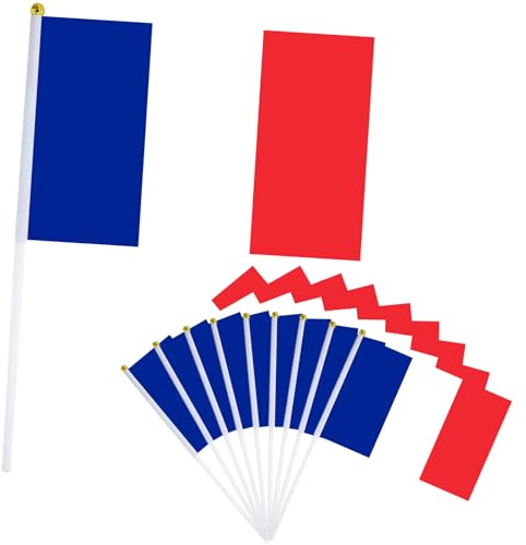 Lot de 10 Petits Drapeaux Français, 21x14cm Petit Drapeau Français avec Bâton en Plastique Mini Drapeau France pour Eurovision Jardin Bar Euro Compétition Sportive,Coupe du Monde football Fêtes Décor
