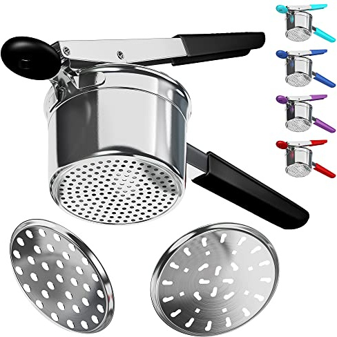 Potato Ricer Stainless Steel with 3 Interchangeable Fineness Discs, Ricer Kitchen Tool for Mashed Potatoes, Cauliflower Rice Maker Masher, Gnocchi Potatoe Spaetzle Press Patoto Masher (Red)(Black)