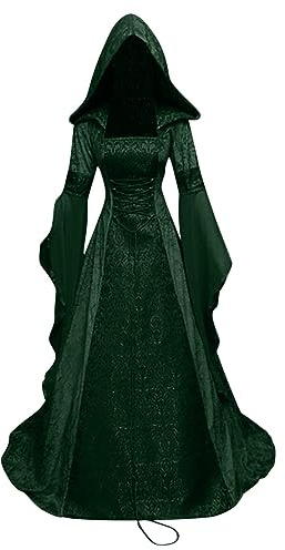 RIKAY Halloween Costumes Adult Women Hooded Witch Costumes Regency Dress Medieval Vampire Costumes Vintage Witch Dress Renaissance Gothic Corset Dress Floor-Length Bell Sleeve Steampunk Clothes