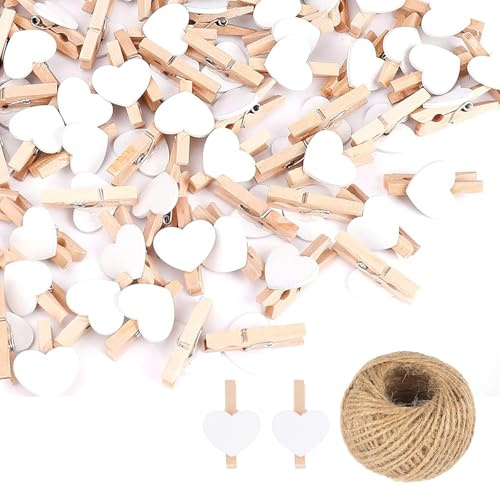 FDHBDF 100 Stück Holzklammer in Herzform Weiß Mini Wäscheklammern aus Holz Fotohalter, mit 10m Juteschnur für Hochzeit, Fotohalter und Kleidung