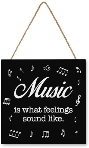 Rustic Musical Hanging Wood Sign Wooden Door Sign Wood Plaque Sign,Music Is What Feelings Sound Like Wood Hanging Wood Plaque For Home Bedroom Music Room Studio Wall Decor Sign Wood Plaque