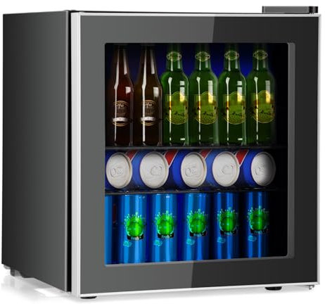 GOPLUS Nevera Pequeña 46 L, Mini Refrigerador con Puerta de Cristal 60 Latas, Estantes Ajustable Extraíbles, Temperatura Ajustable 4-16°C, Mini Bar de Bebidas para Habitación Coche Oficina Bar