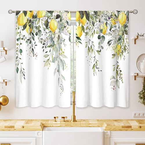 oolygoo - Tende per finestre di cucina con fantasie di erbe, fiori, piante e frutta, tende corte per bagno, finestre piccole, motivo: foglie di eucalipto e limoni gialli, verde salvia, 66 x 114,3 cm