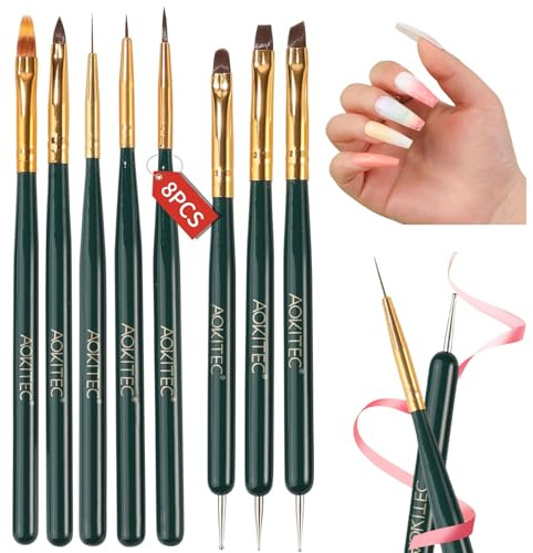 Aokitec 8 Stück Pinsel für Gelnägel, 11 Funktionen, Nail Art Pinsel Set, Nagel Pinsel für UV Nagellack Aufbaugel Poly Gel Dotting Painting Line Muster, Nägel Selber Machen, Grün