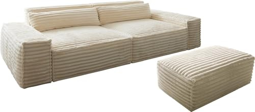 DELIFE Big-Couch Sirpio XL Plüschcord Beige 270x130 cm mit Hocker