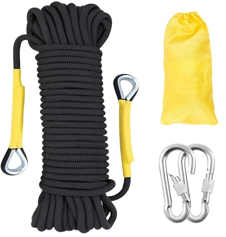 Gangying 12mm Corda da Arrampicata 20m per Arrampicata Statica Corda di Sicurezza con 2 Moschettone ad Alta Resistenza Carico di Rottura: 2000kg per Alpinismo Fuga Strumenti Salvavita