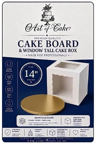 Art of cake ® Drum Cake Board (13mm) & 2 Sided Window Tall Cake Box (Gold, 14)-For Tiered Decorated Birthday Wedding Engagement Graduation and All Celebration Cakes