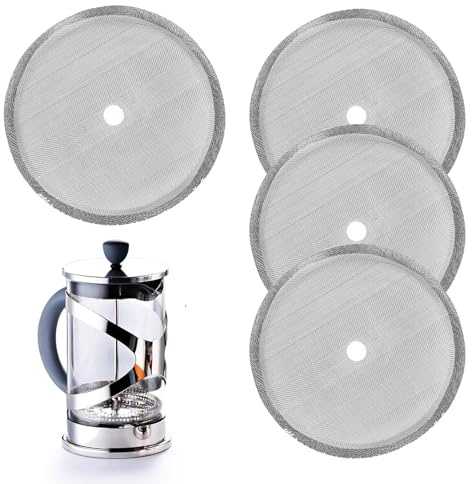 Lot de 4 filtres de rechange en maille pour cafetière à piston française, réutilisables de 10,2 cm, en maille d'acier inoxydable, convient pour cafetières à thé de 8 tasses/1000 ml