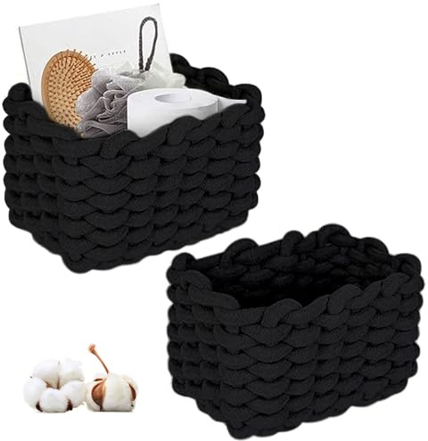Cestini Portaoggetti, 2 Pezzi Nero Cestini Portaoggetti in Corda di Cotone Intrecciato, 19x15x12cm Cestino Portaoggetti da Bagno, Cesto Portaoggetti in Corda di Cotone Intrecciata, per Bagno,Soggiorno