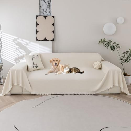 LiveGo Chenille Sofa Cover for 3 Seater, Soft Non-Slip Slipcover with Tassel, All-Season Washable Couch Protector for Dogs, Decorative Futon & L Shaped Sofa Cover (BH Beige, 180×340 cm)