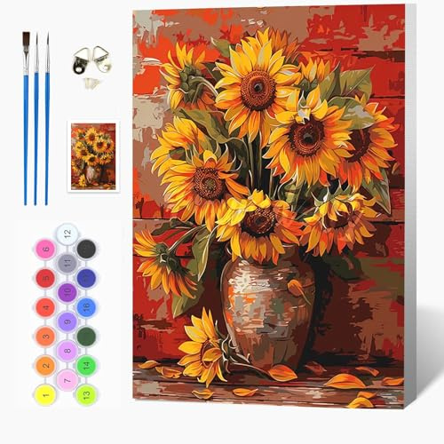 Auremi Tournesol Peinture par numéros avec cadre inclus 20x30–Fleurs Peinture par numéros DIY pour adulte–Tableau à peindre prêt à accrocher–Idéal déco murale maison et détente artistique