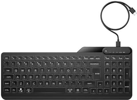 HP 405 Backlit Wired USB Keyboard, UK Layout, Compact, USB-C, 7N7C1AA#ABU