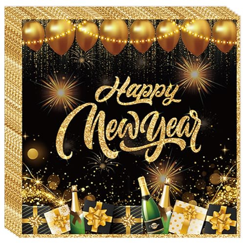 40 Stück Servietten Silvester 2026 Schwarz Gold - Frohes Neues Jahr Motiv - Tischdeko für Silvesterparty, Neujahrsfeier & Festliche Abende - Ideal als Neujahr Party Deko