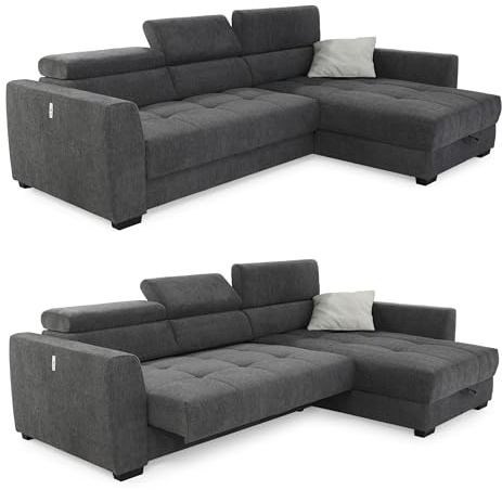 luma-Home 15409/ Ecksofa, elektrische Sitztiefenverstellung, Dunkelgrau | B300/T196/H103 cm, verstellbare Kopflehnen, USB Ladefunktion, Bettkasten, spiegelverkehrt montierbar, Chenille-Bezug