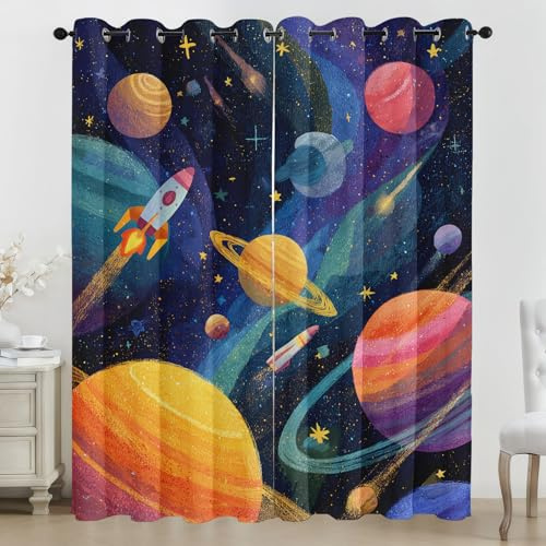 Cartoon Planet Rakete Vorhänge, Sternenhimmel Pattern Vorhang Blickdicht mit Ösen 2er Set, Thermovorhang für Wohnzimmer Schlafzimmer Verdunklungsvorhänge, B 75 x H 166 cm, Junge Mädchen Kinder