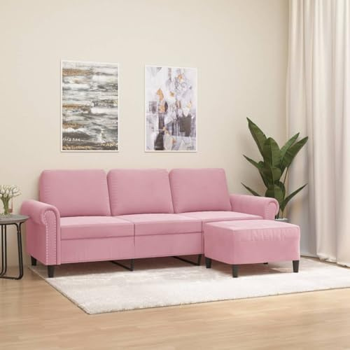 ACAGALA 3-Sitzer Sofa mit Hocker aus Samtstoff, Ecksofa mit Kissen, Kleine Couch Holzbeine & Metallrahmen, Modernes Couch für Wohnzimmer Schlafzimmer, 212 x 77 x 80 cm, Rosa