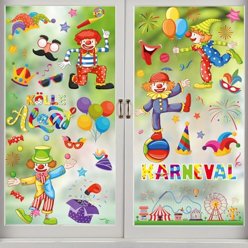 GWAWG Immagini per finestre di Carnevale 9 fogli, con clown di Kölle Alaaf, adesivi di carnevale, decorazione per finestre, per carnevale, compleanni, camere, vetrine, decorazioni per feste