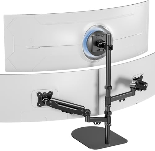 Monitor Halterung 3 Monitore- 1 Fester 49 und 2 Gasfeder 35 Bildschirme | Max.Belastbarkeit 20 kg,Voll Verstellbar Bildschirmhalterung 3 monitore mit Stabilem Standfuß/80cm Stange,VESA 75/100MM