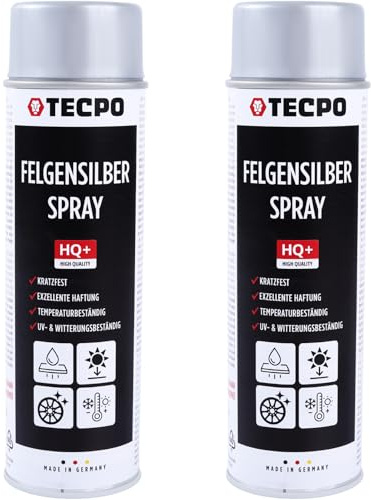 TECPO Felgensilber-Spray, 2x 500ml Felgensilber Spray schnell trockend Felgenlack auf Acrylbasis für Reparatur von Stahl und Leichtmetall