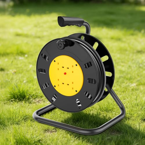 25m Cable Reel Extension Lead, 4 Socket Heavy Duty Outdoor Reel with Thermal Cut Off, 13A UK Plug, Portable Reel for Garden, Workshop & Home Use