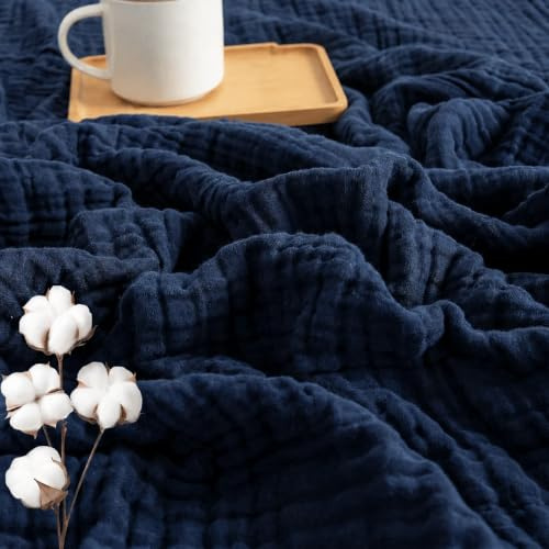 Generisch Coperta in 100% mussola di cotone per adulti, morbida, leggera, traspirante, estiva, rinfrescante, per divano, decorazione per tutte le stagioni, blu scuro, 150 x 200 cm