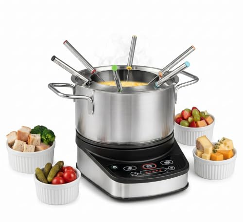 LIFEZEAL Service à Fondue 3L pour 6 Personnes, Appareil à Fondue Électrique 1200W en Acier Inoxydable avec Thermostat Réglable, Base Amovible et 6 Fourchettes, pour Fromage, Chocolat et Bouillon